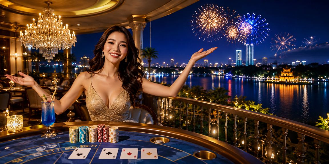 Khung cảnh cá cược casino đặc trưng Việt Nam với ánh sáng sân khấu rực rỡ và không khí sôi động